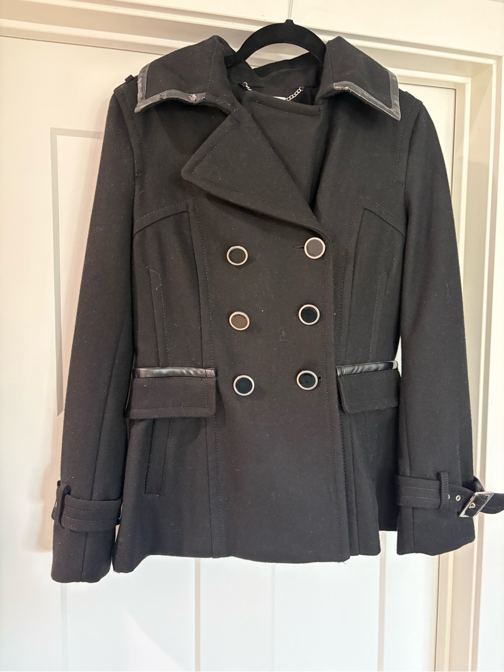 Express Black Double-Breasted Peacoat with Leather Trim